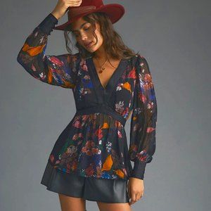 Anthropologie Maeve Open Back Blouse Tunic In Black Floral Motif Size 0 NWT